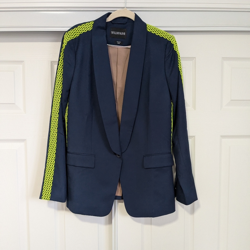 Wildfang Empower Colorblock Blazer L Blue w/ Neon Green/Yellow Stripe Detail
